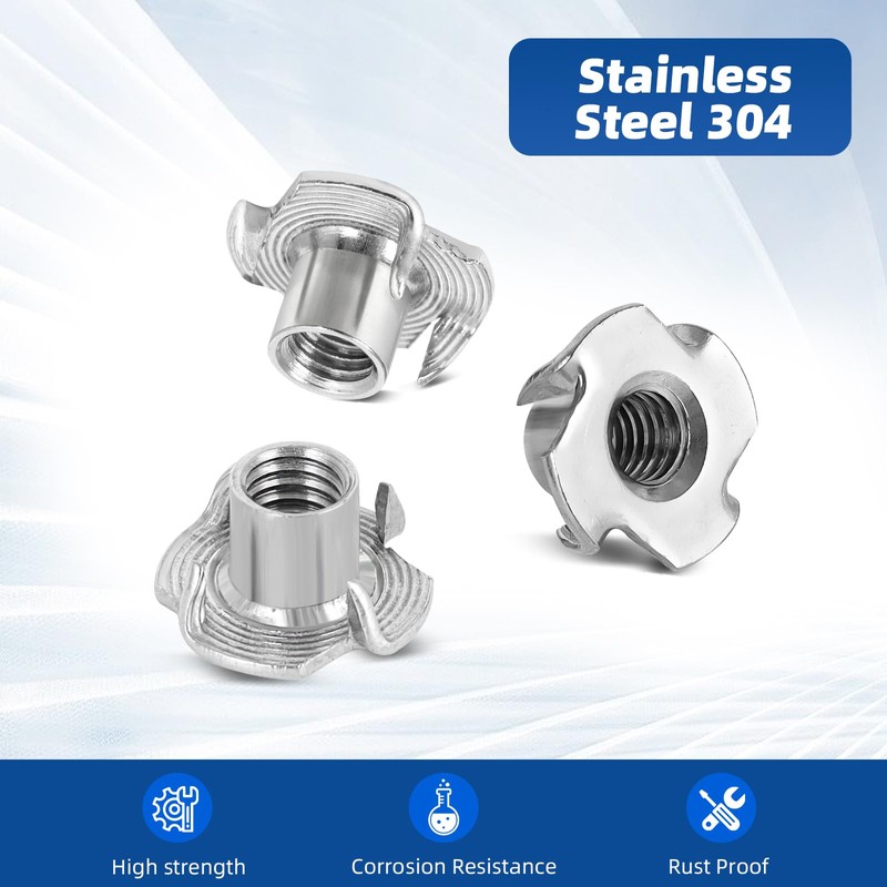 1/4"-20 T-Nuts, 304 Stainless Steel 4 Pronged Tee Nuts, Four-jaw