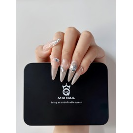 M·Q NAIL,Press on nails,Tips long nails,Hand drawn,Includes 48 jelly glue and 2 cuticle sticks and 2 rubbing strips (Naked inlaid glass diamond, M)