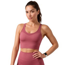 Women's Buttery Soft Activewear Set, 2 Piece Yoga Outfit Criss Cross Mesh Sports Bra & High Waisted Biker Shorts with Pockets (Mauve Pink, Small)