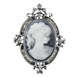 Gyn&Joy Vintage Style Cameo Victorian Lady Maiden Crystal Rhinestone Pin Brooch BZ037 (old silver)