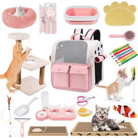 Kitten Starter Supplies Starter Kit, 20 pcs of Cat Essentials and Stuff, Including Cat Bed, Carrier, Litter Mat, Litter Box, Collar, Bowls,and Others, Perfect Choice for New Cat Owner (Baby Pink)