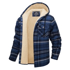 CRYSULLY Men's Flannel Jackets Comfort Fleece Lined Plaid Shirts Winter Soft Warm Button Coats with Hood for Men Blue Grey M