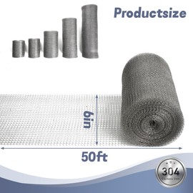 6" X 50 ft 304 Stainless Steel Mesh, Wire Mesh for Plants, Hole Fill Fabric Gap Blocker, Double Layer Metal Mesh Roll, Flexible Stretchy for Garden House and DIY (D-6" X 50 ft)