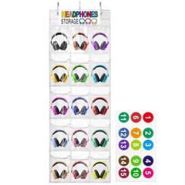 Headphone Storage Classroom Headphone Organizer 15 Pockets PVC Clear Organizer Holder for School Cell Phones Calculators, With Headphone Storage Stickers & Digital Stickers