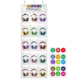 Headphone Storage Classroom Headphone Organizer 15 Pockets PVC Clear Organizer Holder for School Cell Phones Calculators, With Headphone Storage Stickers & Digital Stickers