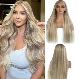 Ash Blonde with White Platinum Blonde Highlight Lace Front Wig Human Hair 30 Inch 13x6 Deep Parting Frontal Lace Wig Pre Plucked with Ash Brown Roots Straight 180% Density Remy Glueless Wigs for Women