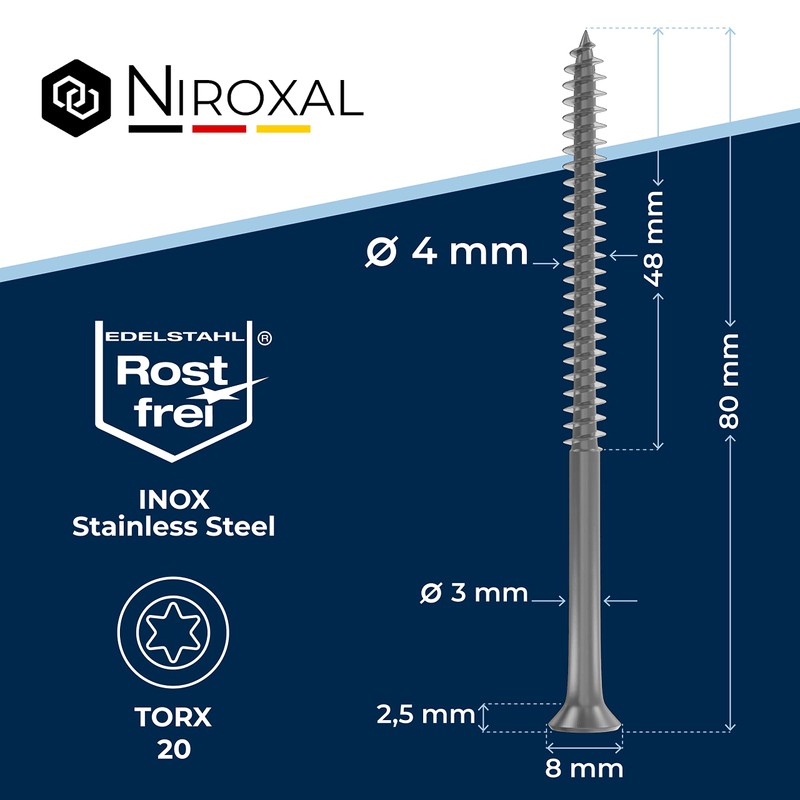 Torx Stainless Steel Screws 4 x 80 Stainless Steel V2A