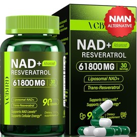 Nad Resveratrol Supplement 61800mg Per Bottle – Liposomal Nad+ Resveratrol for Women & Men – High Purity 1200mg Nad+ Supplement for Energy & Healthy Aging, Resveratrol, Quercetin, CoQ10 – 90 Counts