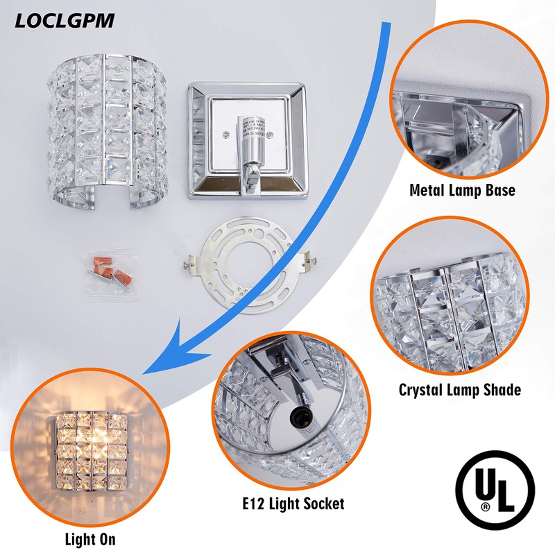 LOCLGPM Modern Chrome Crystal Wall Sconces, Elegant Bathroom Vanity Wall