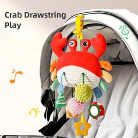 Crab Pull String Toy for Babies - Soft Sensory Hanging Toy with BB Sound, Rattle, Crinkle, Mirror, and Grip Training, Portable Clip for Stroller, Crib, Car, Emotional Soothing and Fun