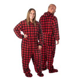 BIG FEET PAJAMA CO. Hoodie Footed Buffalo Plaid Fleece Unisex Onesie with DropSeat (M)