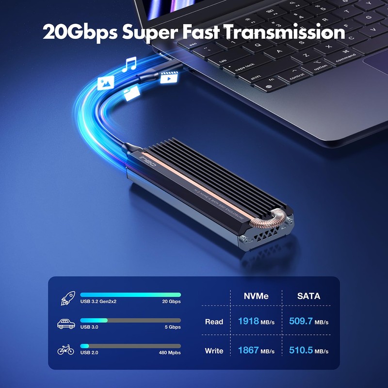 ineo M.2 NVMe SSD Enclosure with Embedded Copper Column Cooling,
