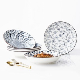 Swuut Ceramic 40oz Pasta Bowls Set of 6,9 inch Blue and White Large Salad Serving Bowl, Microwave and Oven Safe Dinner Dishes(Blue and White)