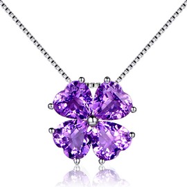 February Birthstone Natural Purple Amethyst Gemstone 925 Sterling Silver Pendant Necklace for Women Lucky Four leaf Clover Plant Shamrock Jewelry Valentine Mother Anniversary Christmas Day Gift