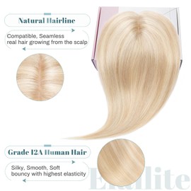 Elailite Hairpiece Real Hair Topper Clip-In Toupee Women Silk Base Clip-In Extensions Remy Silk Base Straight #18P613 Ash Blonde & Bleached Blonde 35 cm