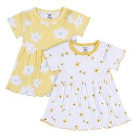 Gerber Baby Girls' 2-Pack Short Sleeve Cotton Dresses, Yellow Floral, 12 Months