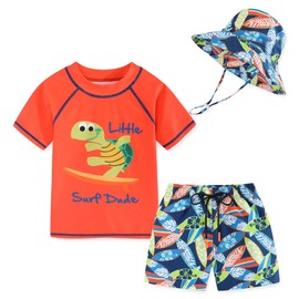 Toddlers Baby Boys' 3-Piece Swimsuit Trunk Rashguard Set and Sun Hat Swimwear Bathing Suit UPF 50+Orange Turtle(5-6Years)