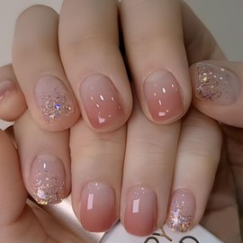 Press on Nails Short Square Fake Nails with Pink Gradient Designs Glitter Nails Press ons Nude Glue on Nails Cute Acrylic Nails Winter Stick on Nails for Women 24 Pcs
