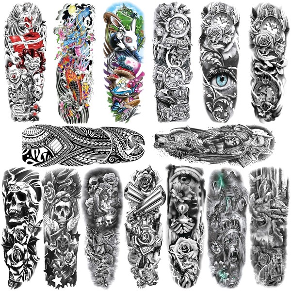 Qpout 15 Sheets of Large, Full Arm Tattoos / Temporary / Fake Body Art for Arm, Chest or Shoulder / Black Body Stickers