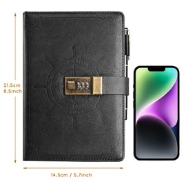 Kesote A5 Diary with Lock Leather Cover Lock Notebook Lined Notebook for Personal Daily Arrangement Journaling Work Record, Black 212 Pages