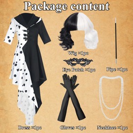 Suffolly Deville Costume Adult Adult World Book Day Costumes 6PCS Deville Costume Set with Black and White Wig,Dress,Necklace,Bracelet,Rod,Gloves,Shawl Costumes for World Book Day (Women, XXL)