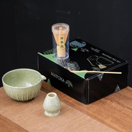 4PCS Japanese Matcha Whisk Set, Matcha Bowl with with Ceramic Bowl, Bamboo Whisk, Holder, and Scoop for Tea Culture Lovers for Tea Lover Tea Ceremony (Matcha)