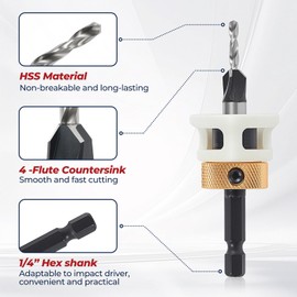 ColumPRO 4PCS Countersink Bits Set, Countersink Drill Bit Set for Wood with 4 Different Sizes Replaceable Drill Bits