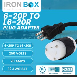 IronBox Electric 6-20P to L6-20R Plug Adapter Power Cord - 20A, 250V, 12/3 SJT - UL Listed Power Cord Extension Cable - Heavy Duty Plug and Connector for Generator, Data Centers & More (6ft, Build)