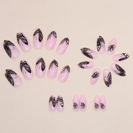 Press on Nails Medium Almond Acrylic Fake Nails with Black Butterfly Design Full Cover Reusable Almond Shaped Artificial Pink False Nails,DIY Stick on Nails for Women, Glue on Nails for Set 24PCS
