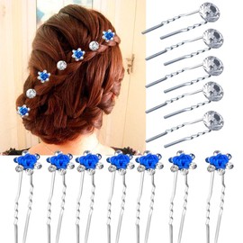 20 Rhinestone Hair Pins Party Prom Wedding Bridal Bridesmaid Clips(10 Rose Blue + 10 White Stud Pins)