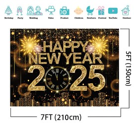 XEYSM 7X5FT Happy New Year Backdrop 2025 New Year Photography Backdrops Fireworks New Year Photo Backdrop New Year Party Decorations Banner Backdrop XY69