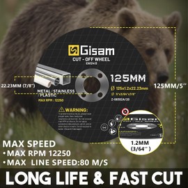 Gisam 125 mm Professional Cutting Discs Pack of 25, 125 x 1.2 x 22.23 mm, Bore Diameter 7/8 mm, Accessory Set for Diameter 125 mm Angle Grinder (0-125 mm, 25 Pieces)