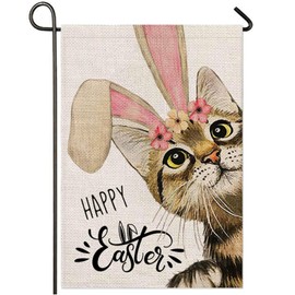 Happy Easter Garden Flag 12×18 Inch Double Sided, Welcome Spring Easter Bunny Cat with Rabbit Ear Outside Vertical Garden Yard Outside Flag Decorations for Outdoor-QZ18