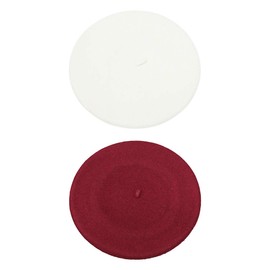ICSTH French Beret - Wool Solid Color Womens Beanie Cap Hat (One Size, 2PCS White and Wine RED)