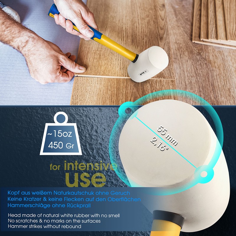 S&R Rubber Mallet White, 55mm Diameter, 450g Head Weight, Fiberglass