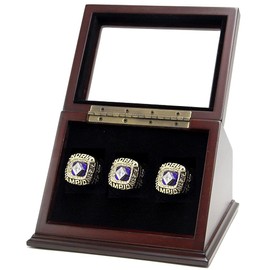 3-Slot Wooden Display Case Shadow Box with Slanted Glass Window for Sports Championship Rings - Rings Not Included