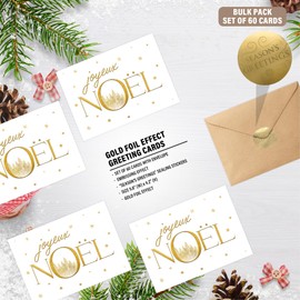 easykart labels Bulk Box Set of 60 Christmas Greeting Cards with Envelopes, Gold Foiling & Embossing Noel Holiday Notecard (1 Design, 60 Cards) - Nouveau Noel (Blank Inside)