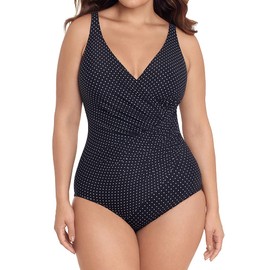 Miraclesuit Women's Swimwear Plus Size Pin Point Oceanus Soft Cup Tummy Control One Piece Swimsuit, Black/White, 22W