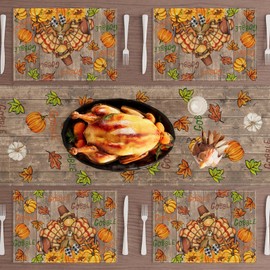 XCHI Thanksgiving Fall Pumpkin Turkey Placemats Set of 4 Table Mats for Party Home Kitchen Dining Table Decorations 12x18 Inch