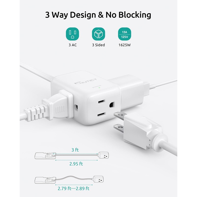 NUTICT Flat Extension Cord with 3 Outlets, 3FT Short Extension