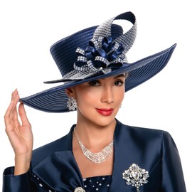 Go Mai Women's Church Hat for Baptism Wedding Wide Brim Rhinestone Fascinator Sunday Chapel Tea Party Hat