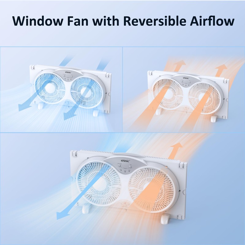 shinic 9" Twin Window Fan with Remote Control,Reversible Airflow,Removable Cover,3