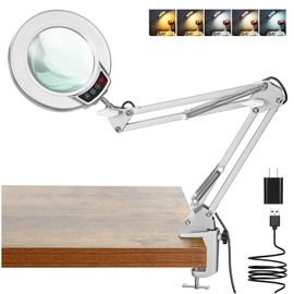 10X Magnifying Glass with Light and Clamp, Real Glass Stand Lighted Magnifier, 5 Color Modes Stepless Dimmable LED Desk Lamp Hands Free for Crafts Hobby Reading Painting Close Work - Silver