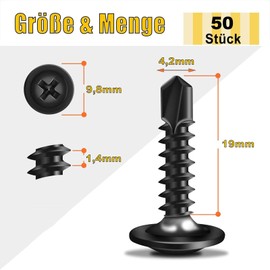 Pack of 50 self-tapping screws, 4.2 x 19 mm, self-tapping screws, stainless steel, Phillips screws, black oxide, with screwdriver bit