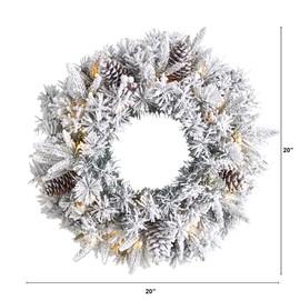 Nearly Natural 20in. Flocked Artificial Christmas Wreath with 35 Warm White LED Lights