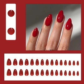24Pcs Red Press on Nails Short Almond Fake Nails Red Acrylic Nails Full Cover Glue on Nails Reusable Artificial Nails Glossy Almond Shape False Nails Simple Cute Stick on Nails for Women Nail Supplies