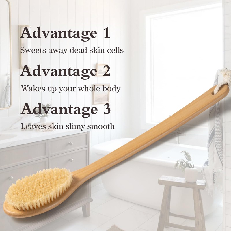 Bamboo Long Handle Back Scrubber Brush,Dry Body Scrubber for Dry