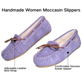 PEDOQU Women Moccasin Slipper Suede Warm Faux Fur Pile Lined Lace-Up Leather Bow