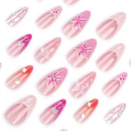 24 Pcs Press on Nails Short Almond - YEFIUO Pink Nail Tips Acrylic Nail Kit 3D Butterfly Flowers Charms Nail Art Fake Nails Press ons Purple French Tip Glue on Nails Full Cover False Nails for Women