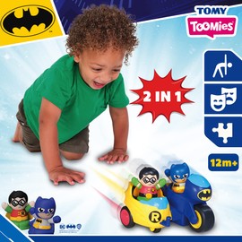 Toomies rocco giocattoli prima infanzia dc batcycle 2 in 1, multicolore